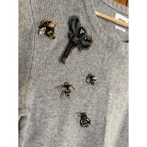 NOTSHY Cashmere Wool Blend Gray Sweater L Quirky Funky Beaded Bugs Insects Joy